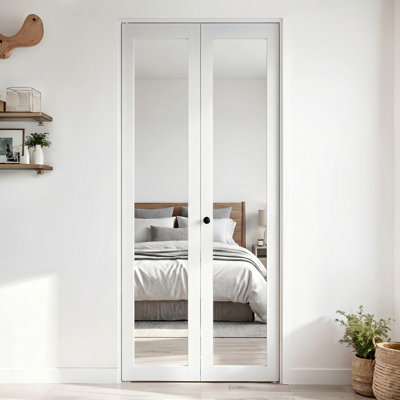1-Lite Mirrored Glass and Solid Manufactured Wood Bi-Fold Doors with Hardware Kit