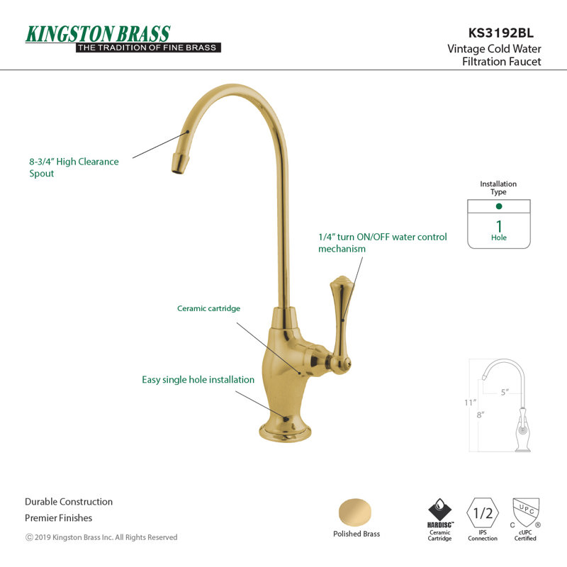 Robinet de filtration d'eau 1 trou à fixation sur le comptoir Kingston, Laiton poli
