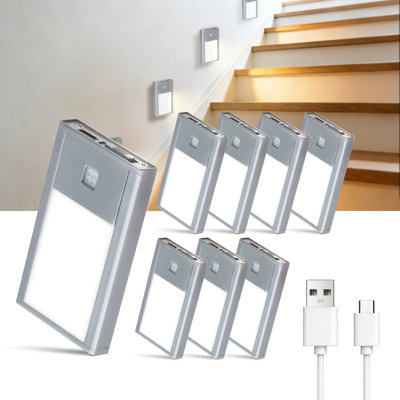 V4light Rechargeable Motion Sensor Night Lights, 8-Pack - Painted Grey Aluminum Alloy, Ultra-Compact Magnetic Mount, 3000K Warm White Glow, Ideal For Hallways, Bedrooms, Stairs & Nightly Use