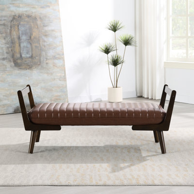 Banc de style Mid-Century moderne de 52 po avec pieds en bois de noyer, repose-pieds en tissu d'ameublement cannelé de 52 po dans une chambre en tissu doux