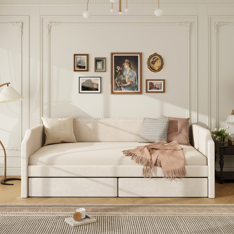 Lit de jour moderne rembourré avec tiroirs, Beige