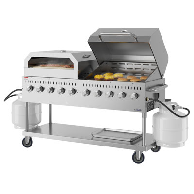 Barbecue au propane extérieur commercial de 72 po avec couvercle en forme de dôme en rouleau de 36 po et four à pizza de 36 po en acier inoxydable, homologué ETL (CGKIT7-D36P36)