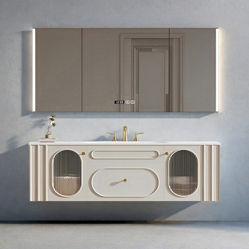 French cream-style smart bathroom cabinet, 19.68" H x 66.92" W x 21.65" D