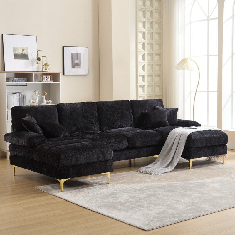 4 Seater Chenille Sectional, Black Chenille