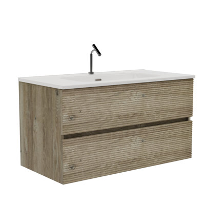 Modern Rough Oak Bathroom Vanity With Overflow Sink, Pre - Assembled, Textured Drawer Surfaces, Quiet Glides, Handle Minimalism 36" Wall Mounted Vanity, Integrated Ceramic Large Storage, Smooth Soft