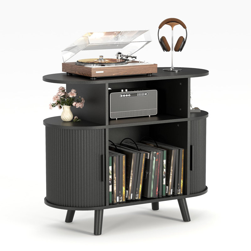 35" Round Record Player Stand Turntable Stand Table with Charging Station and Sliding Doors, Black