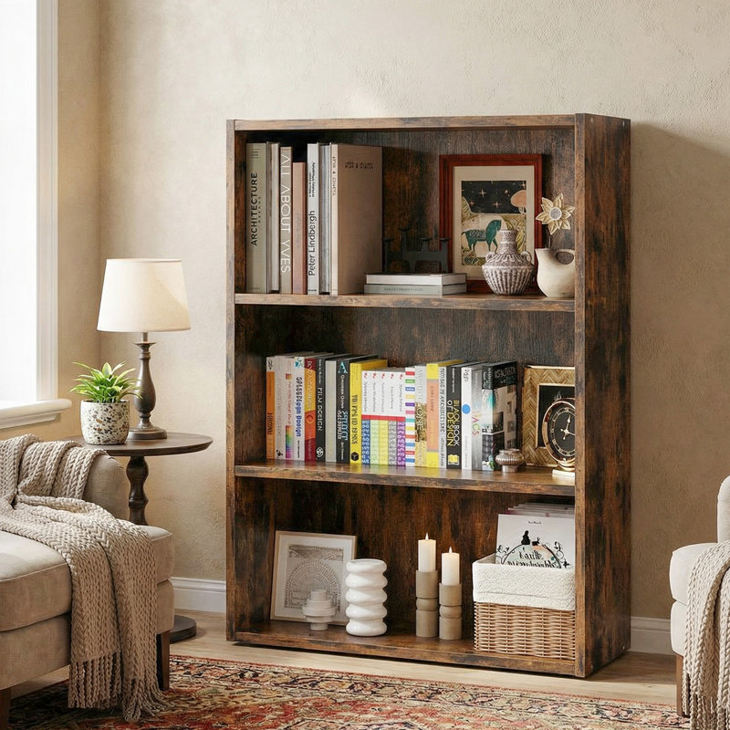 Adjustable Wooden Standard 3-Tier Bookcase, Rustic Brown, (3 Shelves) 32"H x 23.8"W x 9.2"D
