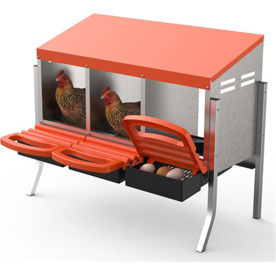 Boîte de nidification à 3 compartiments pour poulets, nid en acier galvanisé avec collection d'œufs roulants, toit d'aération imperméable, plateaux amovibles, support en métal, conception murale et autoportante, orange