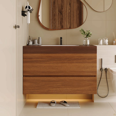 Meuble-lavabo flottant moderne 29,9 po avec comptoir en faux marbre et lavabo encastré en céramique, fixation murale pour petites salles de bain et appartements