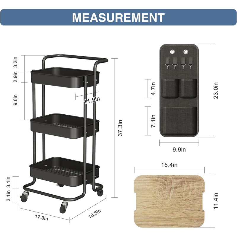 Chariot à roulettes multifonctionnel en métal à trois couches avec poches de bureau et latérales, roue de rangement pour plateau