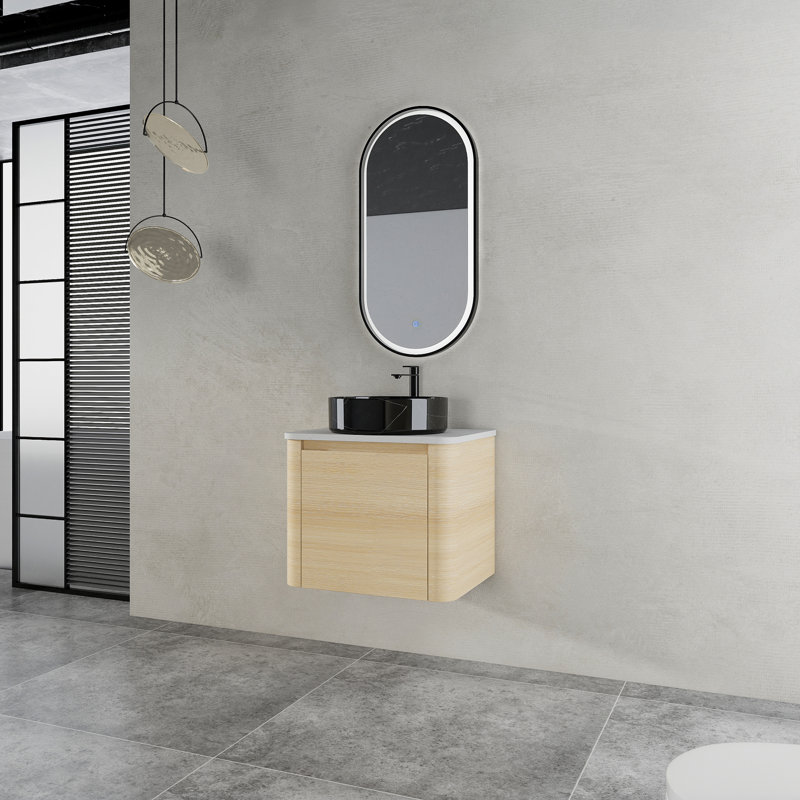 Meuble-lavabo mural 24 po avec lavabo d'art en céramique et porte à fermeture en douceur 24 po, Chêne