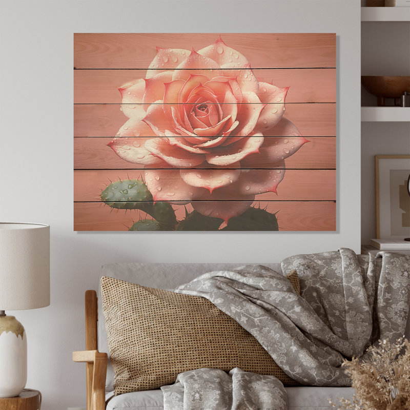 Cactus rose Resilience I - Art mural en bois de cactus sur bois de pin naturel, H 24 po x l 32 po