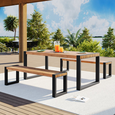 Table de salle à manger d'extérieur 3 pièces avec 2 bancs, ensemble de salle à manger d'extérieur avec texture unique, plateau en bois d'acacia et structure en acier, pour toutes les saisons, pour l'extérieur et l'intérieur, naturel