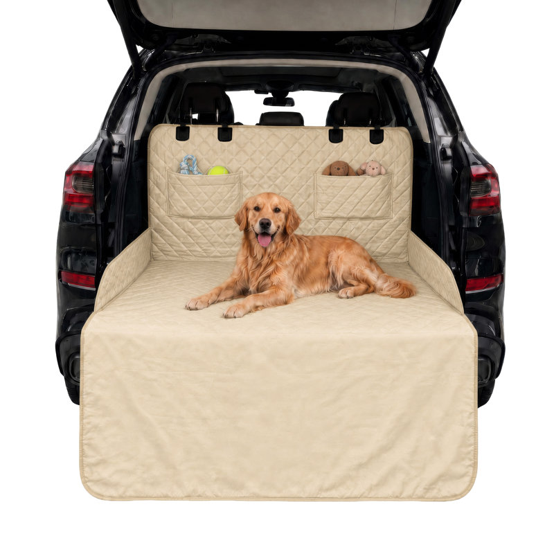 Protection de coffre pour chiens pour VUS - Housse de coffre antidérapante et imperméable pour animaux de compagnie avec rabat de protection de pare-chocs et poches de rangement pour VUS, fourgonnettes et multisegments pleine grandeur - Protection de siège d'auto pour chiens (beige)