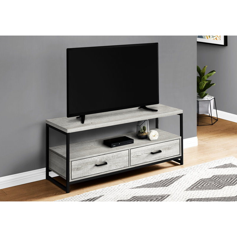 Modern 48" Tv Stand, Grey Laminate & Metal Construction, 2 Storage For Living Room Bedroom 48 Inch Console, Surface, Black Legs, 2 Drawers Use