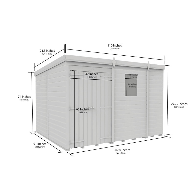Total Sheds 9ft x 8ft Pent Garden Shed - Double Door - With Windows - Pressure Treated Timber - UK Manufactured