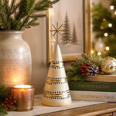 Handmade Papier Mache Star-Topped Christmas Tree Figurine, Yellow