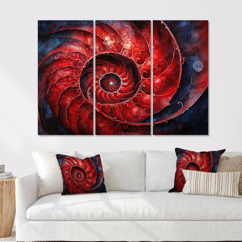 «Scarlet Swirl Shellfish I», ensemble d'art sur toile Nautilus, H 40 po x l 60 po x P 1 po