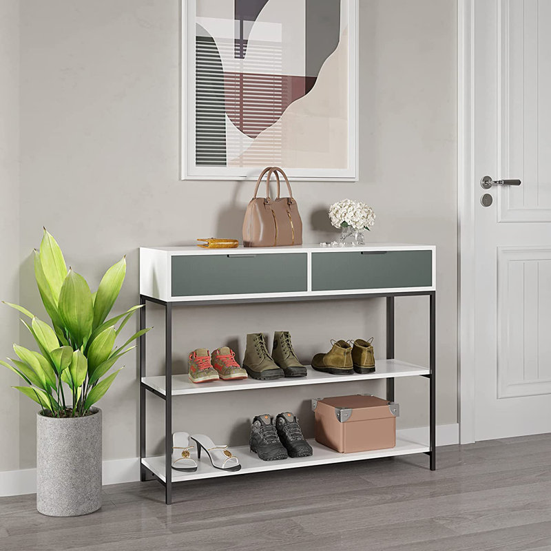 Narrow Console Table With 2 Storage Shelves For Entryway, Modern Sofa Table With 2 Drawers, Side Table With Stable Metal Support For Living Room, Hallway, Easy Assembly, 39 Inch, Green