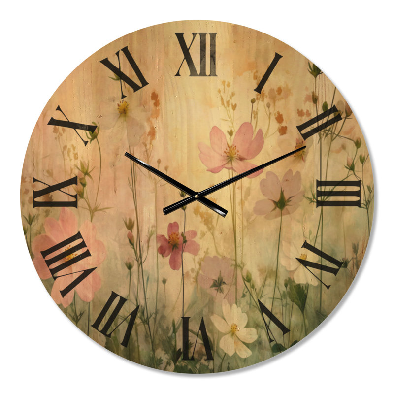 Horloge murale florale en bois - Fleurs sauvages printanières, Medium