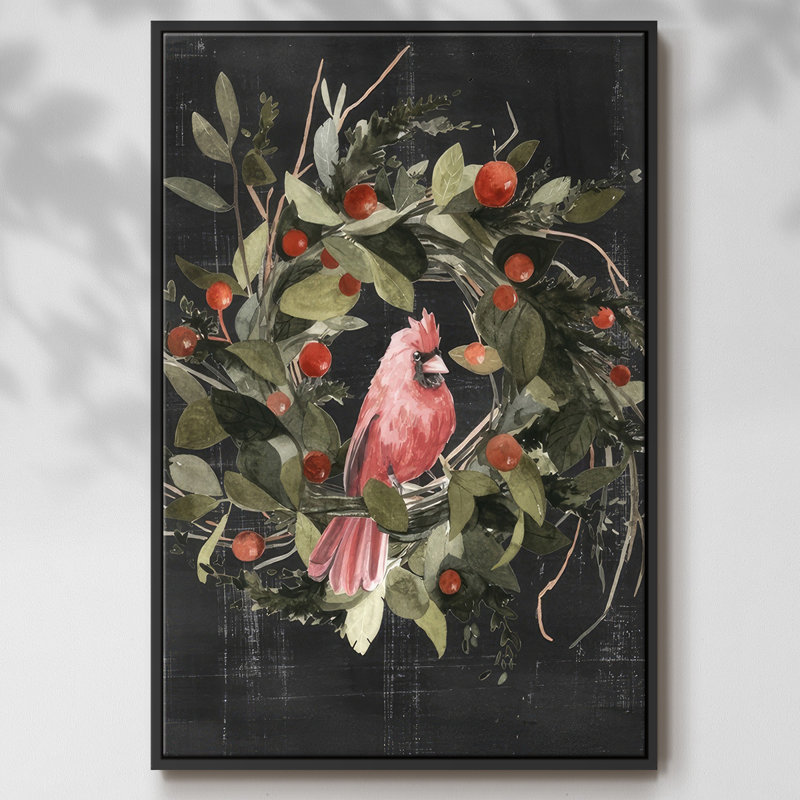 Christmas Cardinal II, reproduction d'art sur toile, Cadre noir, H 25 po x l 17 po x P 1,5 po
