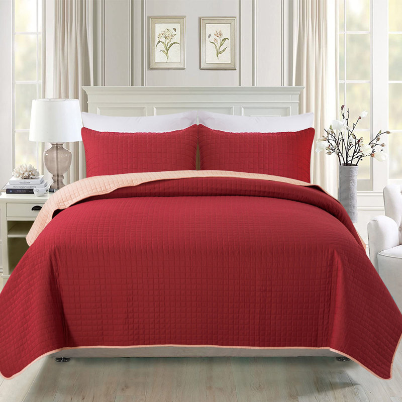 Ensemble de courtepointe réversible en microfibre 3 pièces A-QSM072020001, Courtepointe pour grand lit + 2 taies décoratives