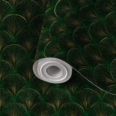 Peel and Stick Wallpaper Contact Paper Repeating Art Deco Fan Motif Emerald Green Gold Self Adhesive and Removable 17.7in x 118in(45x300cm)