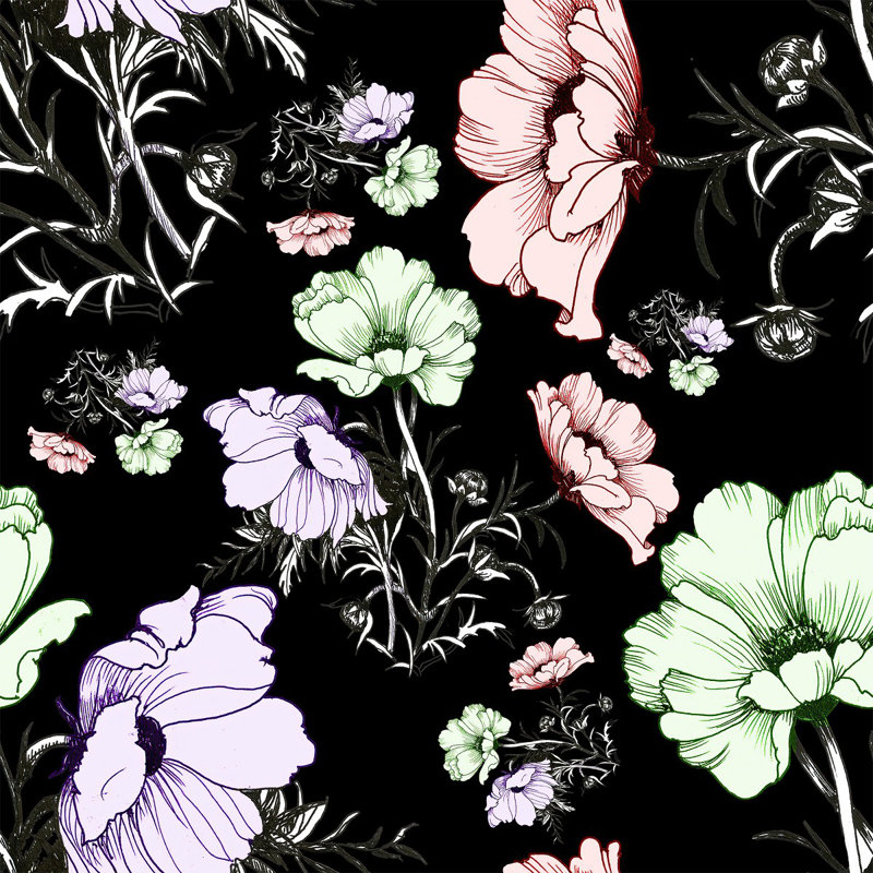 Carreau de papier peint adhésif noir avec fleurs L 18,75 pi x l 25 po