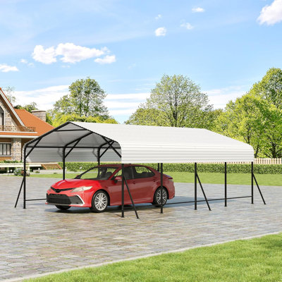 Abri d'auto en métal robuste 20 po x 20 po x 9 pi, cadre renforcé et auvent pour la protection contre les intempéries, garage extérieur pour voiture, bateau et tracteur