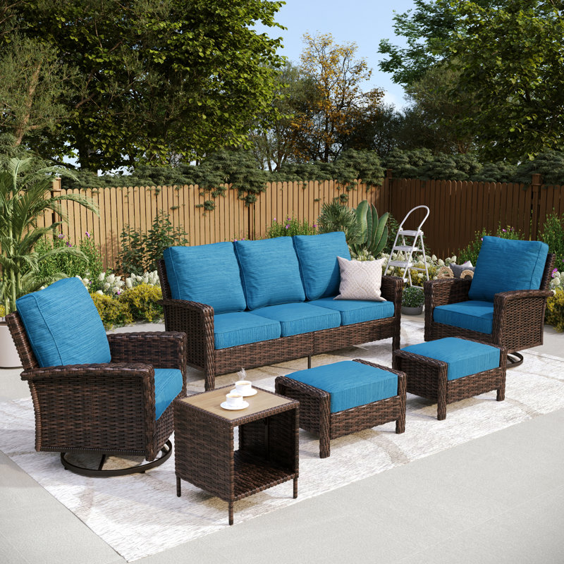 Outdoor Wicker Patio Conversation Furniture Set, Peacock Blue