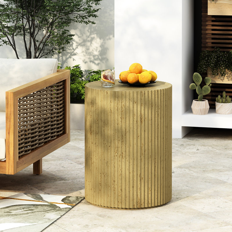 Table d'appoint cylindrique, texture semblable au bois, couleur brun antique