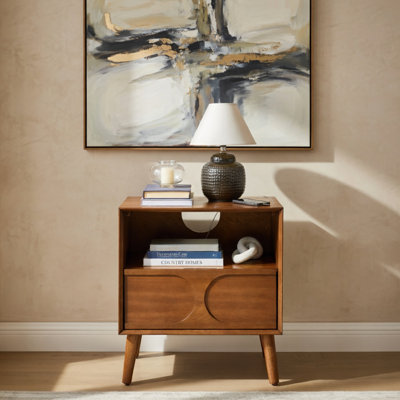 Mid Century Modern Fluted Nightstand With Charging Station USB Ports & Outlet Hole & 4 Solid Wood Legs, Farmhouse End Table With Open Space And Drawer Dresser, Walnut
