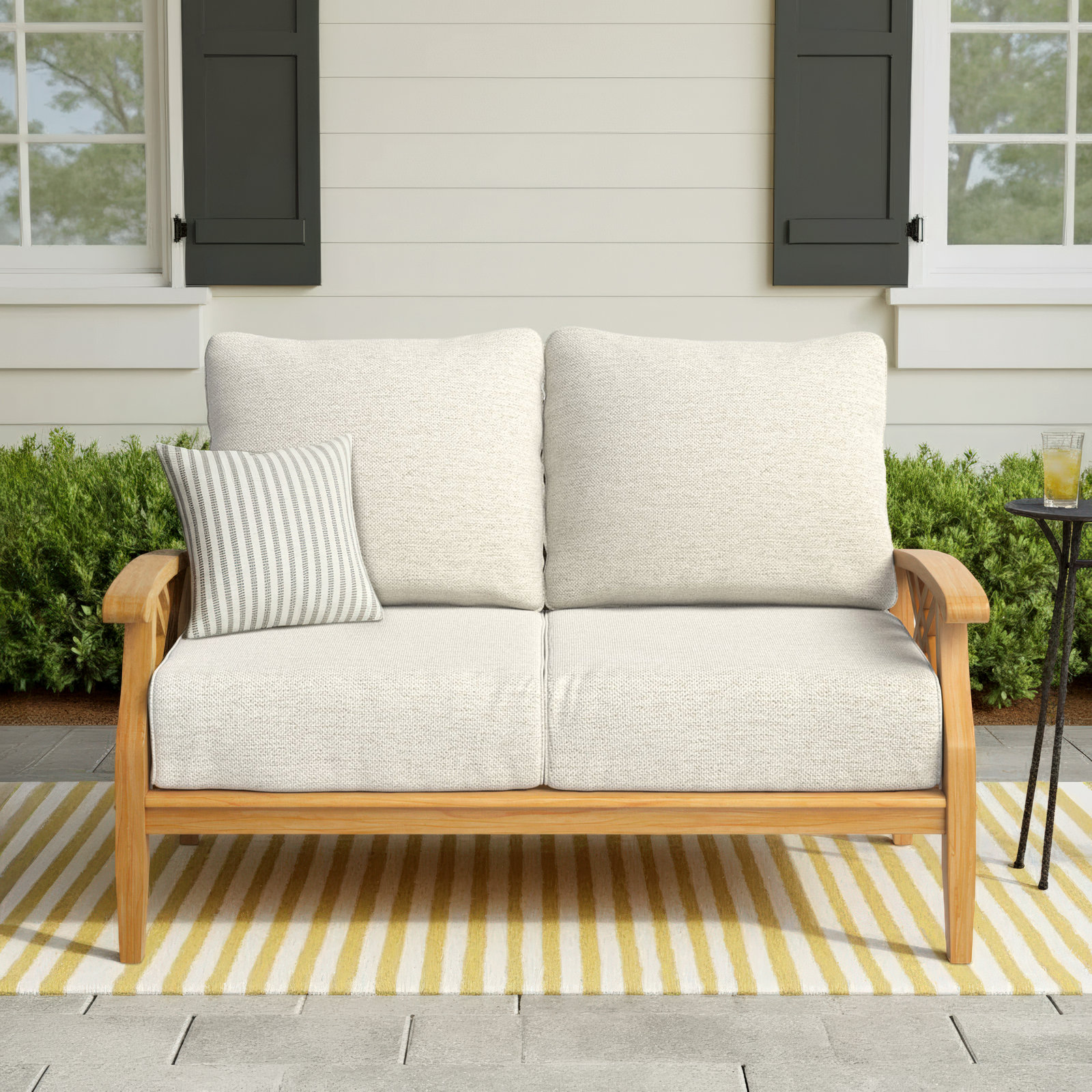 Cotesfield 54.25'' Wide Teak Loveseat with Cushions, Tan Performance Basketweave