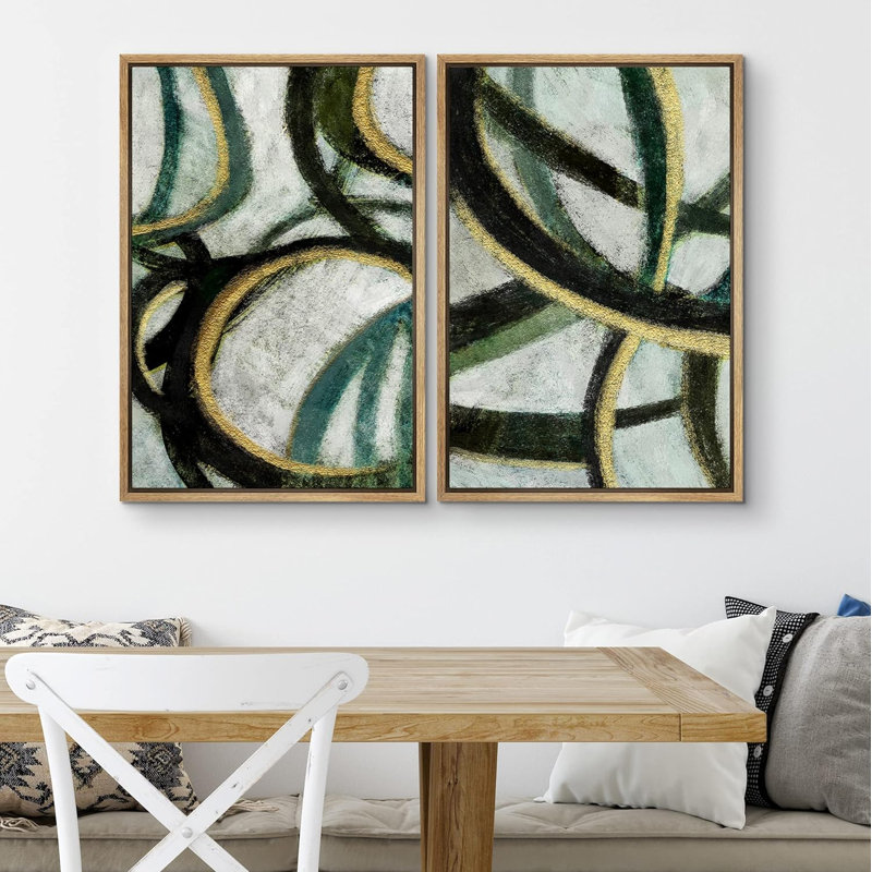 «Black White Geometric Landscape Collage Abstract Shapes», 2 pièces sur toile, Encadré naturel, H 36 po x l 24 po