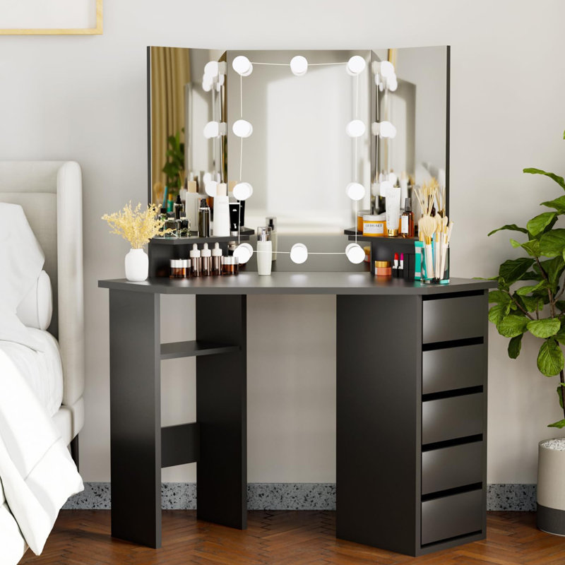 Oryon 56"x44" Corner Makeup Vanity with Lights, Vanity Desk with Mirror,10 LED Lights,5 Drawers, Gray