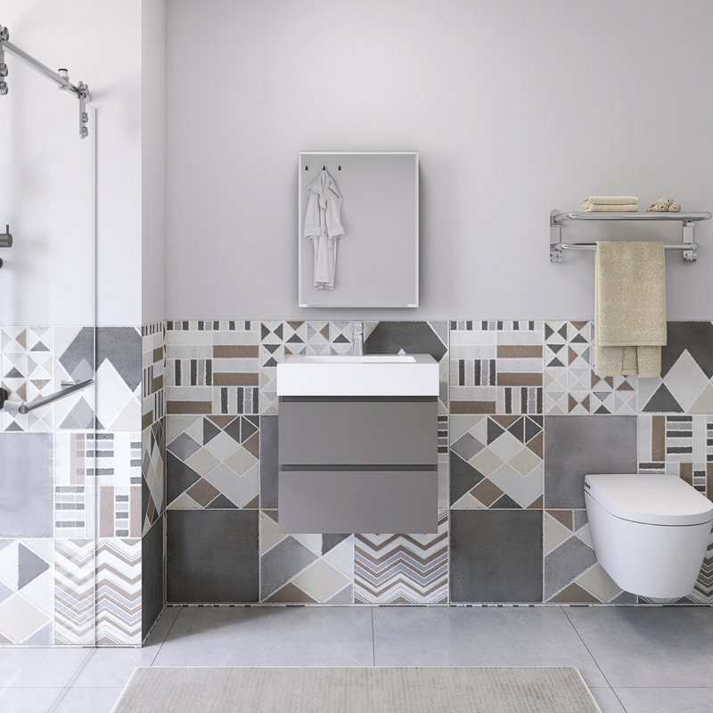 Meuble-lavabo simple 24 po avec plateau Kansiray, Blanc, Gris