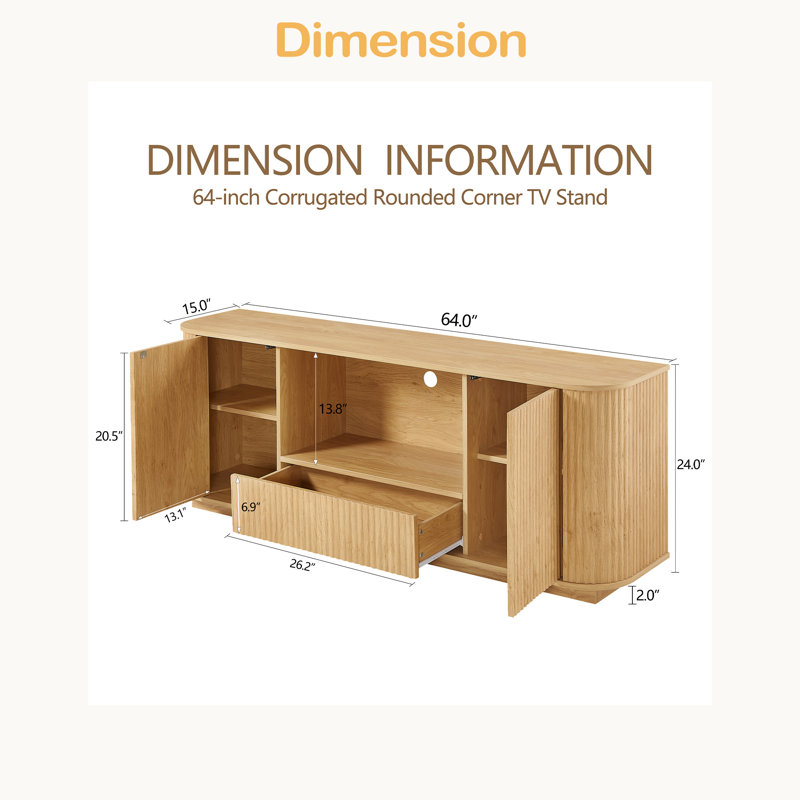 Meuble télé 64 po, buffet arrondi, armoire de rangement, armoire à rayures verticales en bois 64 po