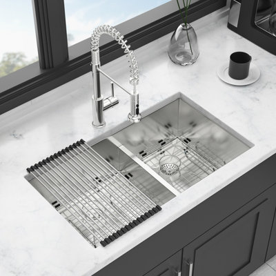 33 - Inch Double Bowl Undermount Kitchen Sink With 60/40 Design, 16 Gauge, Two 10" Deep Basins, Handmade By Skilled , Rear 3.5 Drain, X Grooves For Quick Draining, 3Mm Thick Soundproofing,