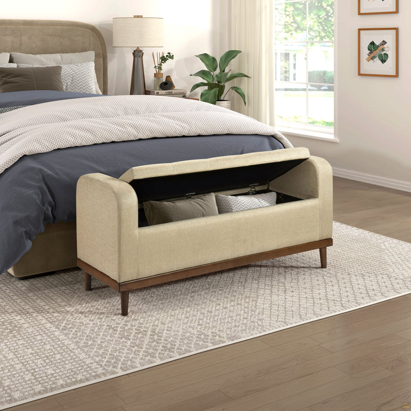 Mid-Century Modern Lift Top Storage Bench 1Pc Light Brown Upholstered Tufted Solid Wood Walnut Finish Wooden Furniture