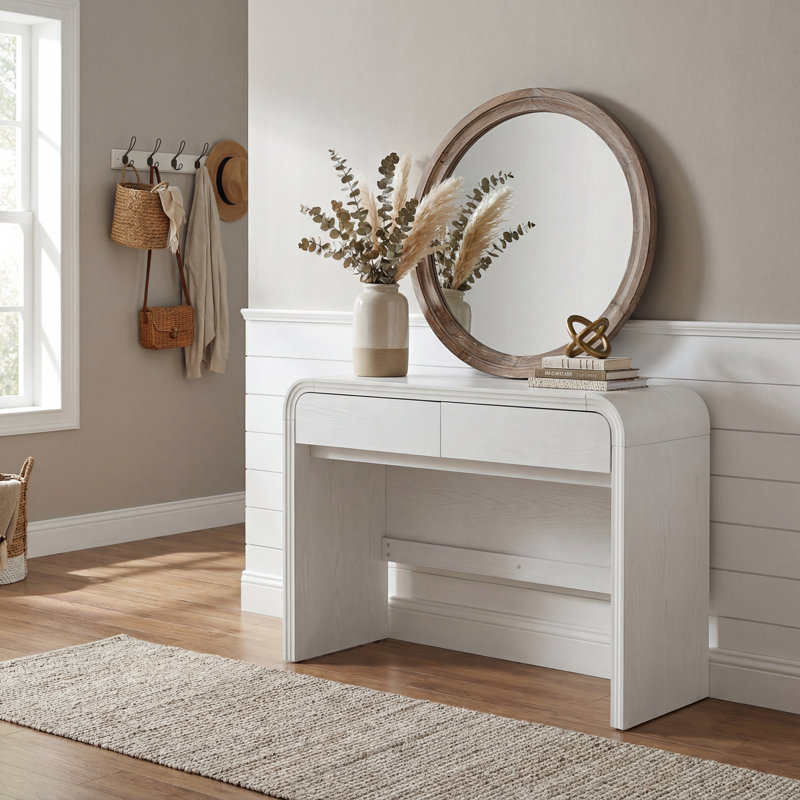 Curved Edge MDF Console Table With 2 Drawers Storage Entryway Table, White