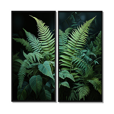 Green And Black Ferns Dynamic Contrast III - Modern Wall Art Set Of 2