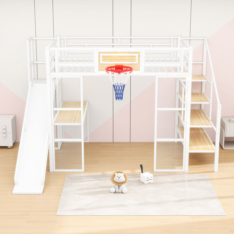 Lit mezzanine double en métal avec bureau, glissoire et panier de basketball, Blanc