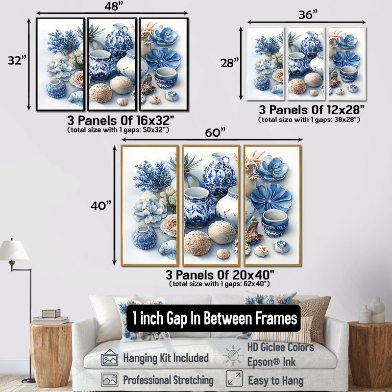 Poterie dans des tons bleus et blancs III - ensemble de reproduction d'art mural côtier, Toile avec cadre flottant or