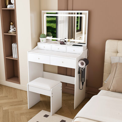 Modern Vanity Desk With 30.3-inch X 19.3-inch Mirror, 3 Lighting Modes, Power Outlet, 5 Drawers For Bedroom Styling Skincare