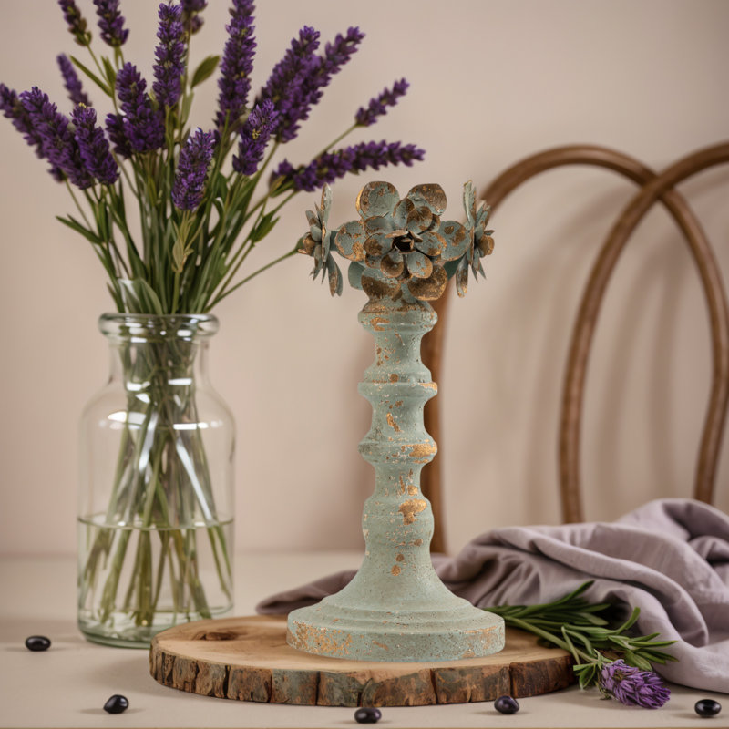 Metal Floral Decoration Candle Holder, Rustic Distressed Blue Finish, Elegant Home Decor, 12.6" H x 4.73" W x 4.73" D
