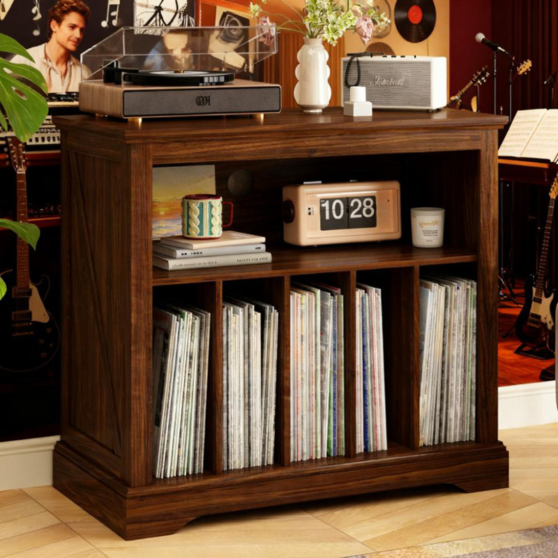 Large Farmhouse Record Player Stand With Vinyl Storage, Turntable Cabinet, Brown