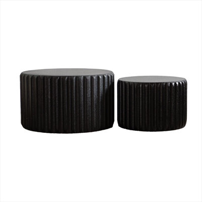 Nesting Coffee Table Set, Jet Black MDF, Round Scalloped Design, 2-Piece for Living Room