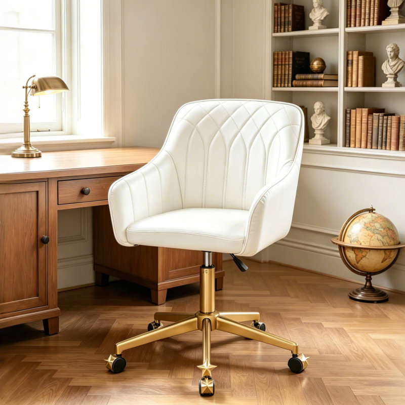 Ensemble de bureau et chaise pour bureau à domicile, bureau d'ordinateur carré blanc avec ensemble de chaises de bureau rembourrées, bureau d'ordinateur personnel et ensemble de chaise de travail pivotant à hauteur réglable, ensemble de fauteuil de coiffeuse en velours / polyuréthane, ensemble de mobilier de poste de travail multi-paquets
