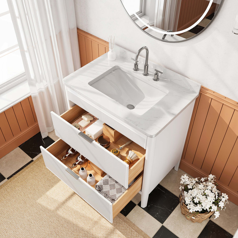 Meuble-lavabo autoportant blanc à structure simple en bois massif avec plateau en marbre d'ingénierie, 36"