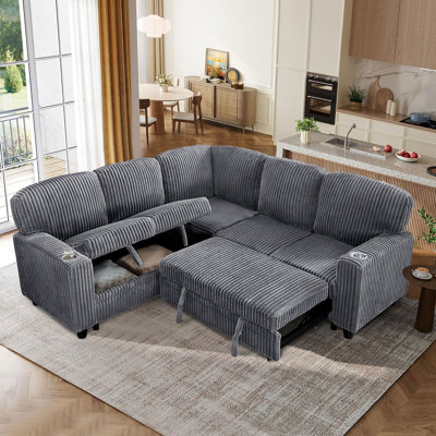 L-Shaped Sectional Sofa Bed With Pull-Out Bed & Storage, 5-Seat Sleeper Couch With USB Charging, Convertible Design For Living Room, Apartment, Cordur by Mercer41